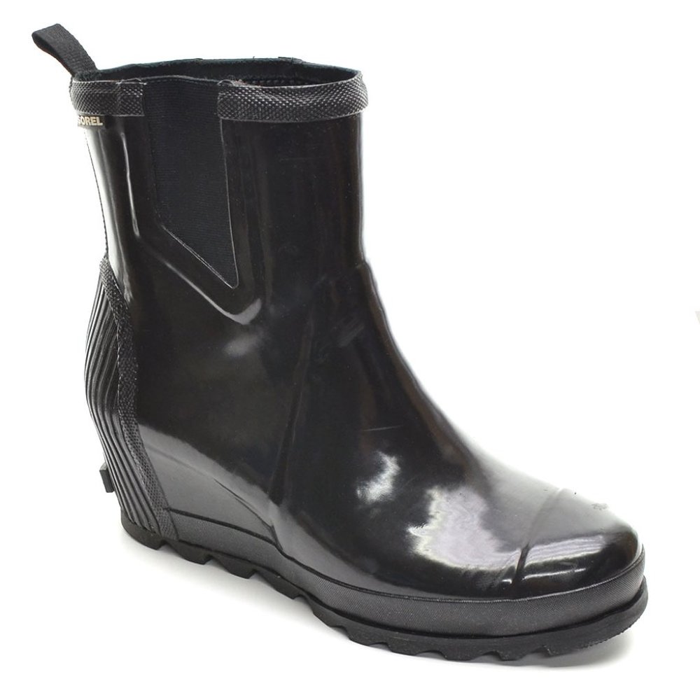 Sorel Joan Black Gloss Rain Wedge Chelsea Boots 43 / 12